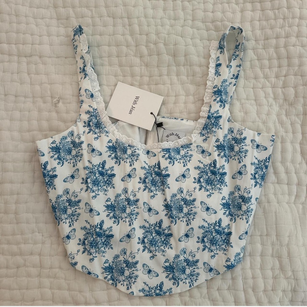 With Jean Blue and White Corset Top